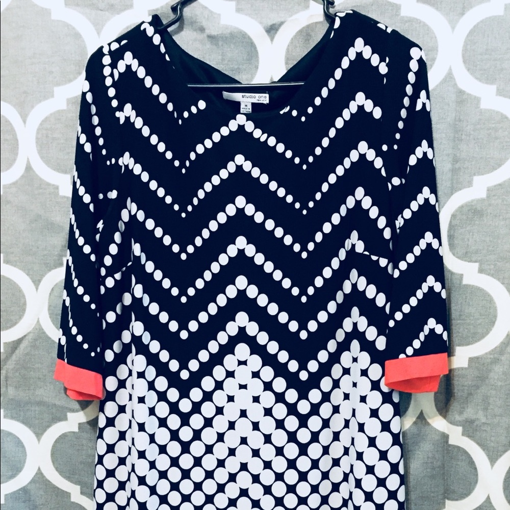 Black White Chevron Polka Dot with Coral Accent